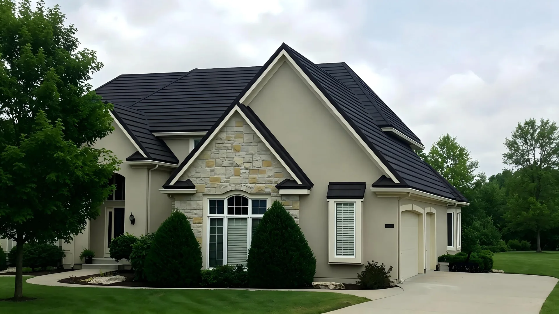 Stone-coated metal roof on completed villa